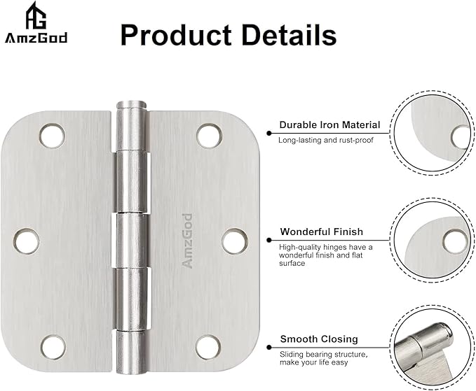 Door Hinges Brushed Nickel - 36 Pack Satin Nickel 3.5 Inch Rounded Interior and Exterior Door Hinges with 5/8" Radius - 3 1/2 Inch Silver Residential Standard Door Hardware