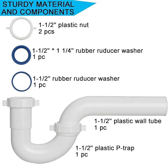 (1 Pack) Yariwiz White P Trap 1 1/2 Inch for Bathroom Kitchen Sink Drain Pipe Tubular Kit with Blue TPE Washer KSD-002W