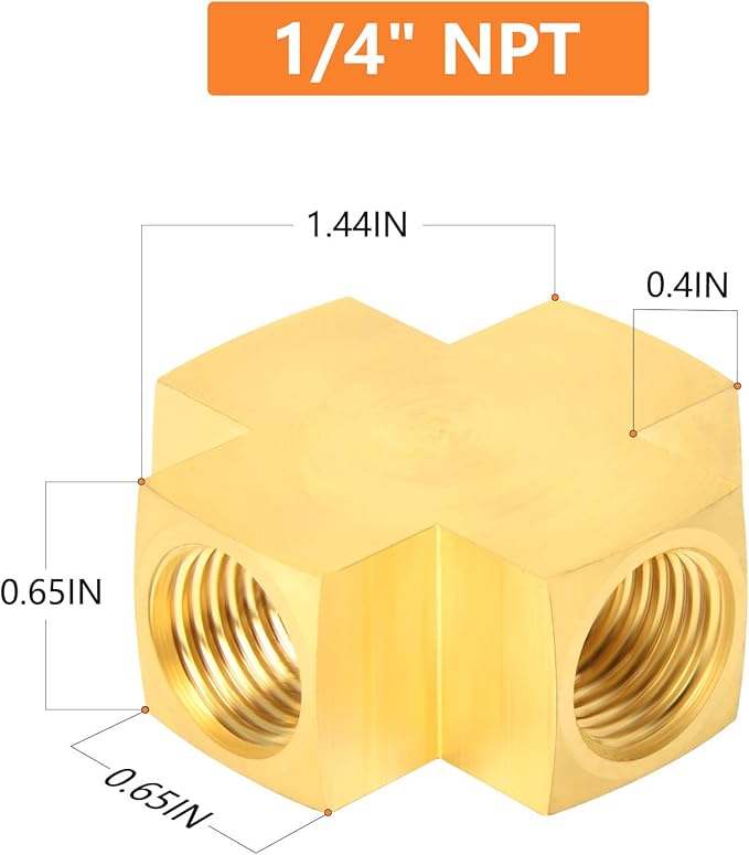 GASHER 3PCS Brass Pipe Fitting, Barstock 4 Way Cross, 1/4" x 1/4" x 1/4" x 1/4" NPT Female Pipe