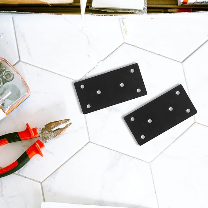 jojofuny 6 Sets Black Flat Repair Plates with Screws for Wood Furniture Reinforcement Straight Metal Brackets for Secure Fixing and Stable Support in Home and Office Use