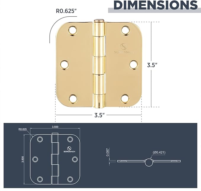 Door Hinges Polished Brass 3.5 Inch Interior Hinges 5/8" Radius - 18 Pack