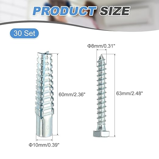 PATIKIL 30 Pcs Drywall Hollow Wall Anchors with Screws 0.31 x 2.56, Steel Dry Wall Anchors Kit for Wooden Concrete Plaster Hinge Hole Repair, Silver (10 x 60mm)