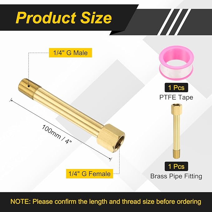 PATIKIL 2 Pack 1/4" g Male x 1/4" g Female Brass Pipe Fittings, Nipple Brass Fitting Extension Pipe Fittings Adapter Connection with Tape 4 Inch / 100mm Length