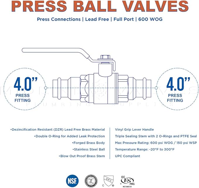 Midline Valve 4 Inch Press Ball Valve with Double-O-Ring, Full Port Press Ball Valve with 4" Connections, Brass Finish