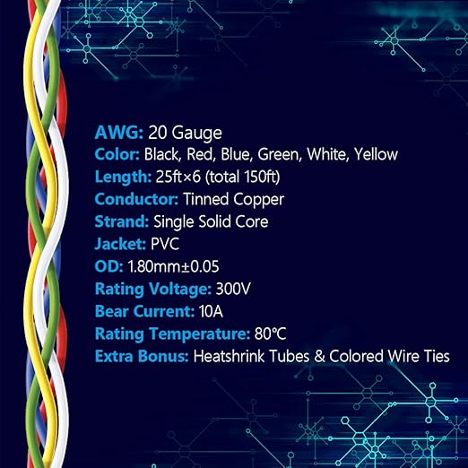Fermerry 20 AWG Solid Core Wire Spool 25ft Each 6 Colors Flexible 20 Gauge Hook up Wire Kit Electrical Tinned Copper Wire PVC