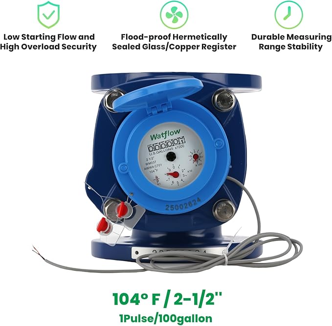Watflow 2.5" WoltmannHelix Water Meter,Detachable Water Meter,Pulse Output, Epoxy-Coated Cast Iron,Resistant Seals（GAL,Non-Potable Use）