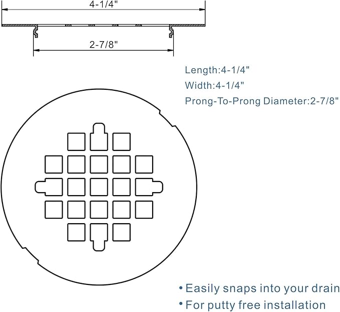 Black Snap-in Shower Drain Cover,Hidrop 4-1/4" OD Round Shower Strainer Grid, Easy-to-Install Replacement Cover Stainless Steel Matte Black