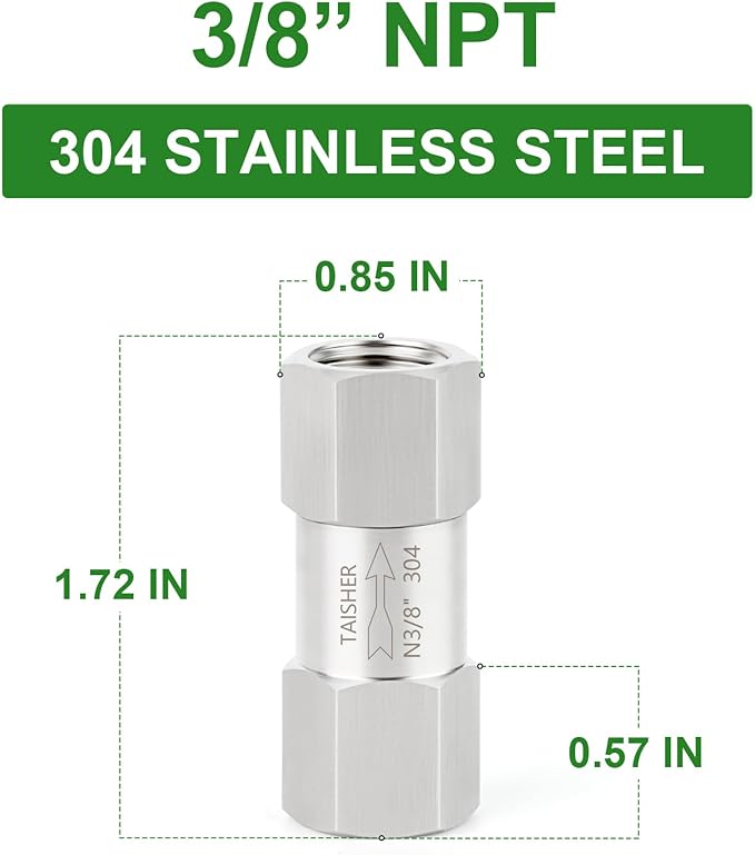 TAISHER 1PCS 304 Stainless Steel 3/8" NPT Female Check Valve,Backflow Prevention,One Way Non-Return Check Valves