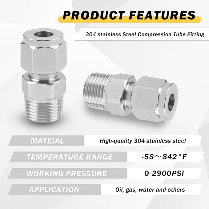 Yoebor Stainless Steel 304 Compression Tube Fitting Straight Adapter Connector with Double Ferrules 3/16" OD x 1/4" NPT Male,Pack of 2
