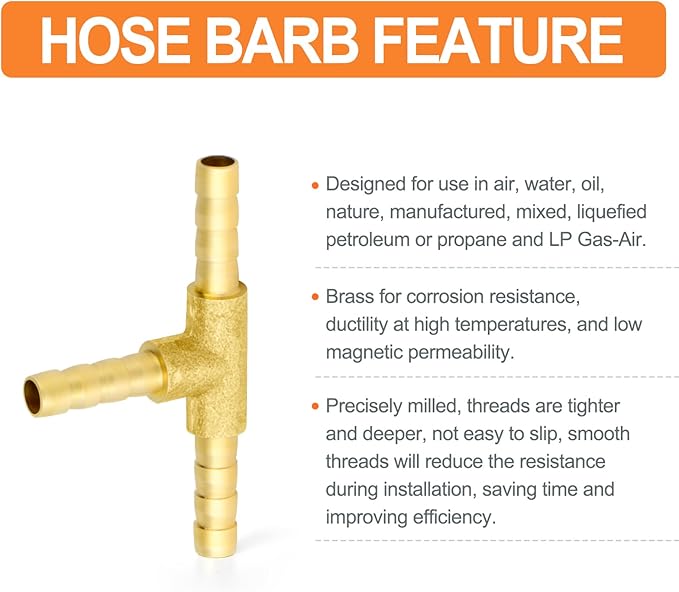 GASHER 5 Pieces Brass Hose Barb Tee, 3-Way Tee Hose Fitting (5/32" x 5/32" x 5/32" Hose Barb) with 15 Hose Clamps
