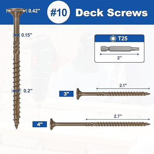 #10 x 3” Deck Screws, 500Pcs Star Drive Wood Screws, Rust Resistant Timber Screws for Timber/Log/Landscaping Wood, T25 Star Bit Included, Brown