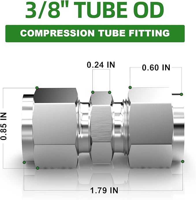 TAISHER 2PCS 304 Stainless Steel Compression Tube Pipe Fitting Connector, 3/8" Tube OD x 3/8" Tube OD Straight Adapter