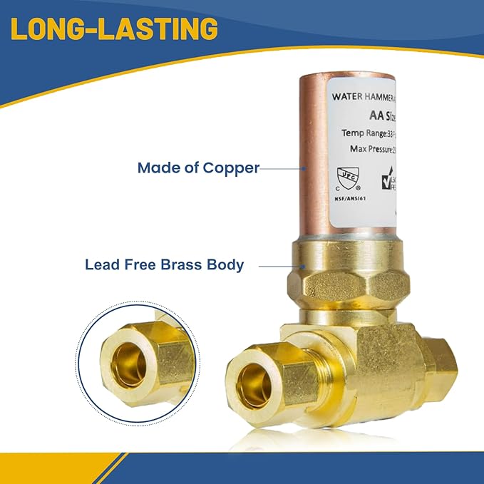 Water Hammer Arrestor,3/8" OD Comp. X 3/8" OD Tee Copper Water Arrestor,for Dishwasher Connection(1PACK,Copper Arrestor)(HAMMER012)