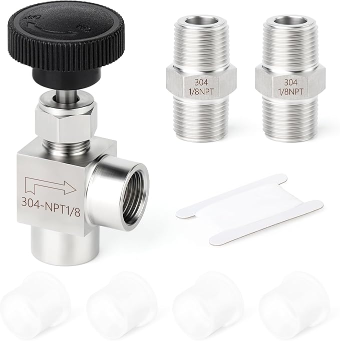 TAISHER 1PCS 304 Stainless Steel 90 Degree Needle Valve 1/8" Female NPT For Flow Control Water Gas Oil With Nipple