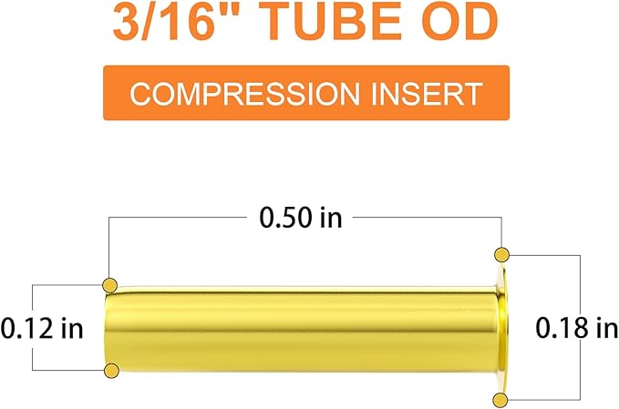 GASHER 100PCS Brass Compression Fitting, Brass Compression Insert Tube Support 3/16" Tube OD