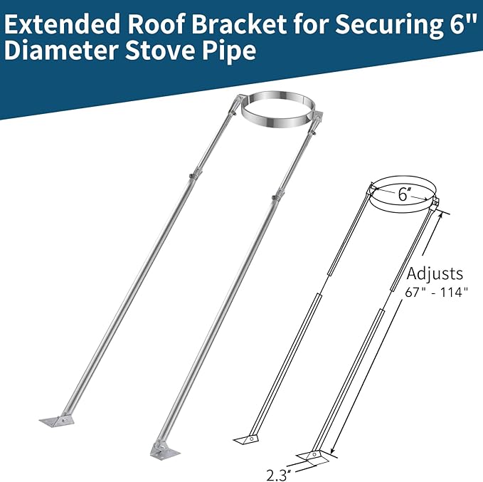 2025 Update 6" Extended Roof Bracket Kit, Adjustable Extended Roof Brace for Securing 6" Diameter Stove Pipe, Providing Stability to The Chimney Against Wind and Snow