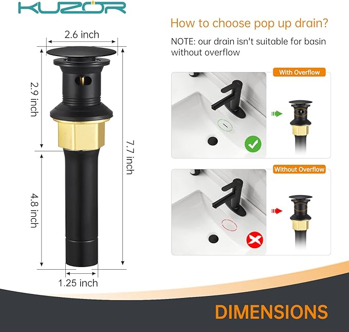 2-Pack Pop Up Bathroom Sink Drain with Overflow - Fits 1-5/8" to 2" Holes, Matte Black 304 Stainless Steel for Vanity/Vessel Sink