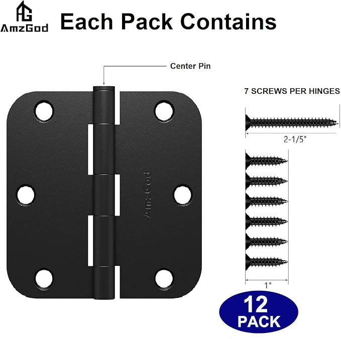Door Hinges Matte Black - 12 Pack Black Door Hinges 3.5 Inch Rounded Interior Door Hinge with 5/8" Radius Corners - Black Hinges for Doors 3 1/2 Inches Flat Iron Residential Door Hardware