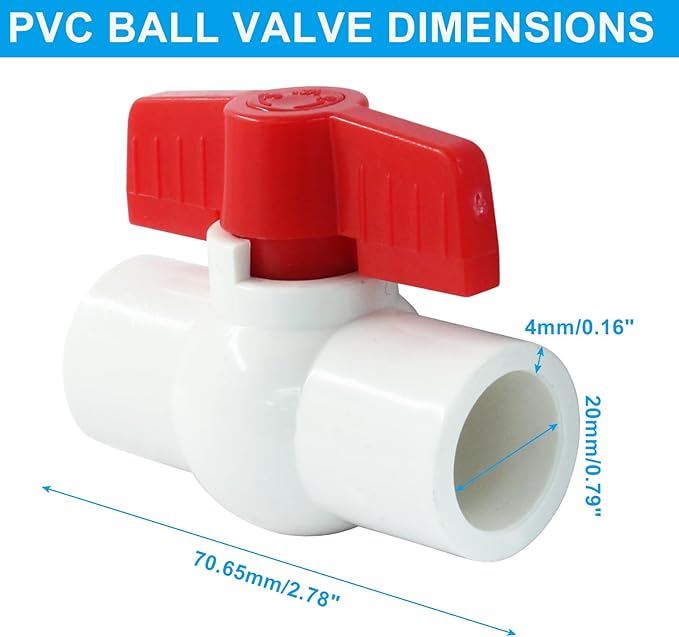 5 Pcs 1/2 Inch PVC Ball Valves, Water Shut Off Valves, 20mm Socket with Red T-Handle, Rated at 150 PSI Pipe Fittings for Swimming Pool, Plumbing & Irrigation Systems