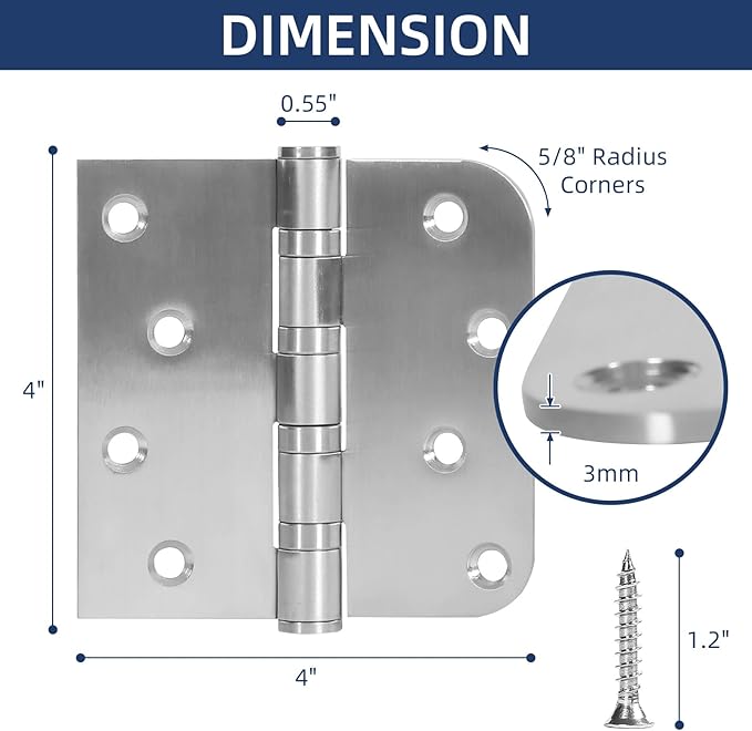 6 Pack Ball Bearing Door Hinges, 4 Inch x 4 Inch Heavy Duty Stainless Steel Door Hinges with Square & 5/8'' Round Radius Corner for Exterior & Interior Doors, Silver