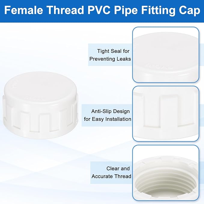 uxcell 5Pcs 1 Inch PT Female Thread PVC Pipe Fitting Cap, Cleanout Water Drain End Caps, Pipe Plug Socket Fittings with Gasket for Water Heater Supply Lines, Plumbing, White