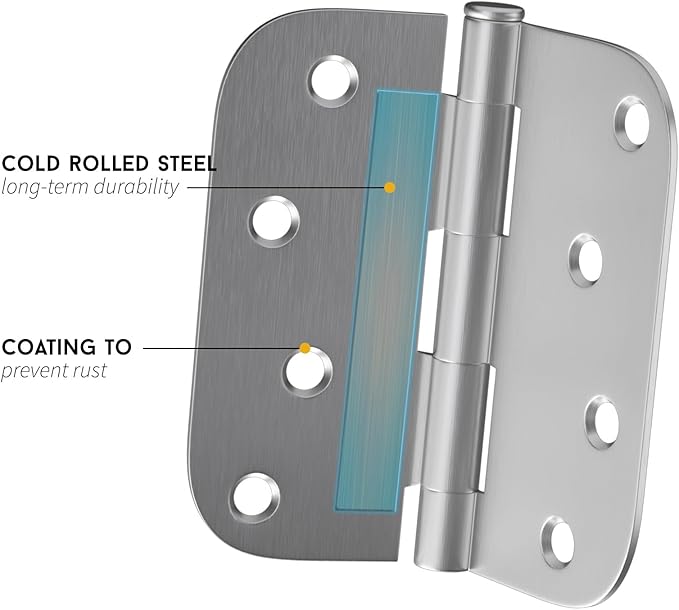 6 Pack goldenwarm 4 inch Brushed Nickel Door Hinges Satin Nickel Exterior Door Hinges - Residential Hinges for Interior and Exterior Doors, 5/8" Radius Corners, Iron