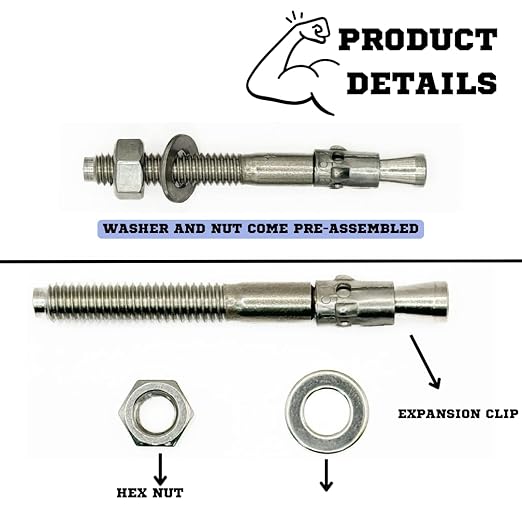 Wedge Anchors – Heavy-Duty 304 Stainless Steel Expansion Bolts for Concrete & Masonry, Rust-Resistant & Durable - 5/16" X 4" - 50 Pack