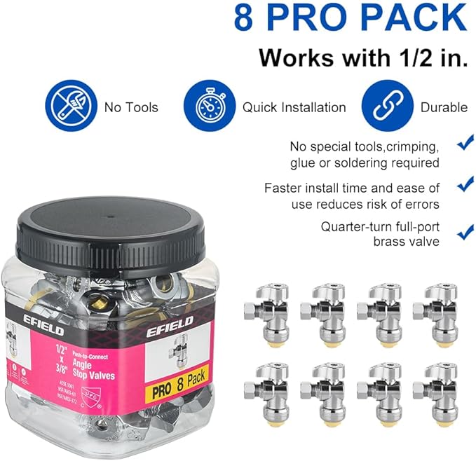 Pro 8-Pack EFIELD Push Fit 1/4 Turn Angle Stop Valve,1/2 Push x 3/8 Inch Compression, Chrome Plated, Heavy Duty,(PF-VALVE082-8PCS)