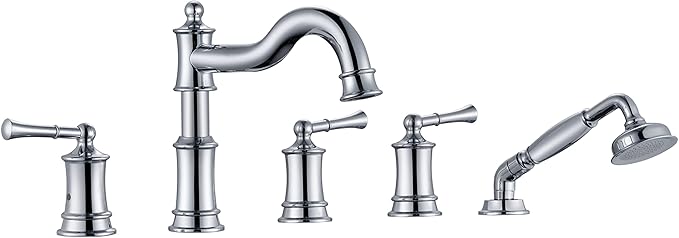 Roman Tub Faucet Set With Handheld Shower 5 Hole Deck Mount Tub Filler With Diverter, 3 Lever Handle Rough-in Valve and Water Supply Lines Included for Bathroom Tub, chrome