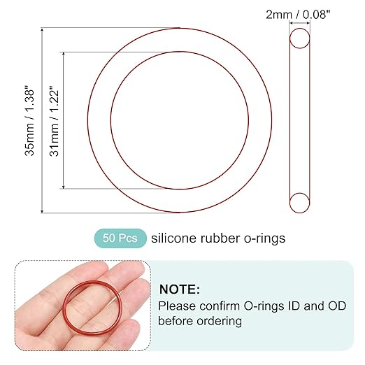 MECCANIXITY Silicone O-Ring 31mm ID 35mm OD 2mm Width Metric VMQ Sealing Gasket Replacement 50A Durometer for Plumbing Compressor Faucets Valves Repair (Red, Pack of 50)