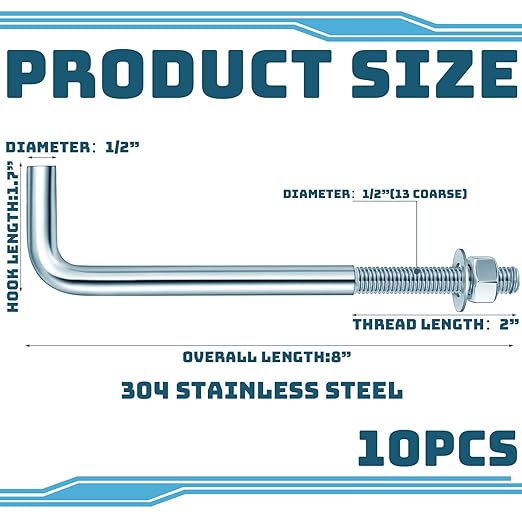 10 Pcs J Bolt Galvanized Anchor Bolts Galvanized Concrete Fastener Concrete Cement Post Anchor with Nuts and Washers for Foundation Wall Hardware Brick Projects, Gray(1/2-13 x 8)
