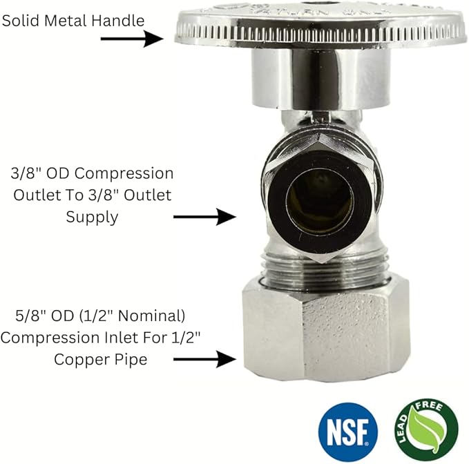 Angle Stop Valve 5/8" OD (1/2" Nominal) Compression x 3/8" OD Compression- Chrome Plated Brass ¼ Turn Angle Valve For Water Pipes, Toilets, Sinks- Lead-FreeWater Shut Off Valve, 10 Pack