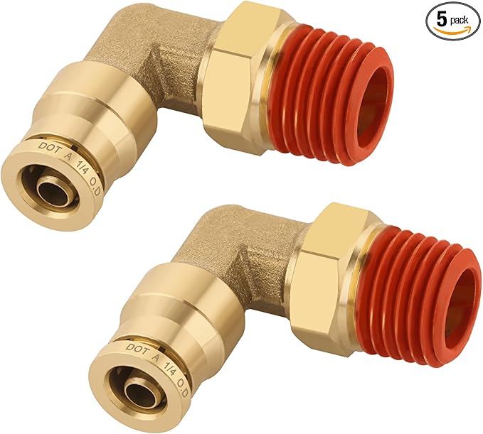 1/4" Quick Push to Connect Fittings Brass 90 Degree Union Swivel Elbow Joint DOT Approved 1/4" Tube OD x 1/4" NPT Thread Air Brake Line Adapter Air Suspension Kit for Car Truck Trailers 2pcs
