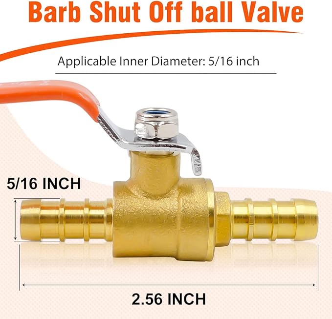 5/16 inch mini brass pneumatic barbed ball valve for air fuel gas water tubing（Pack of 2）