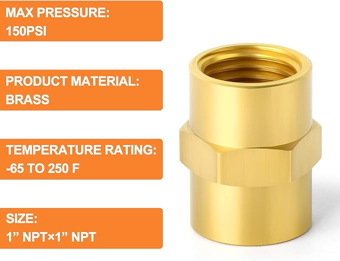 GASHER 5PCS Brass Pipe Fitting, Brass Coupling, 1-Inch Female Pipe x 1-Inch Female Pipe
