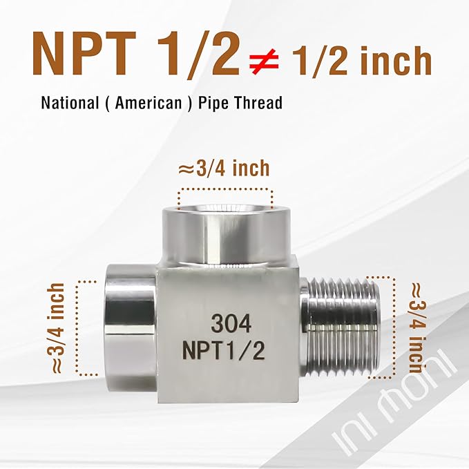 1/2 NPT tee pipe fitting male run tee, 3 ways T adapter stainless steel t connector, female x female x male threaded pipe adapter for pressure gauge fuel line, 4350 psi