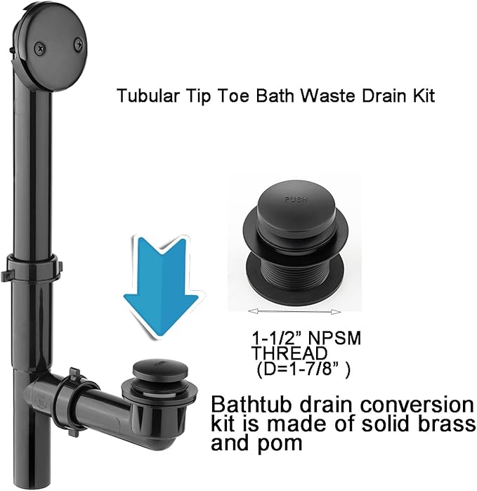 (1 Pack) Yariwiz 1-1/2" Matte Black Bathtub Tub Drain Kit Bath Waste Overflow Drain Tube Assembly with Touch-Toe Tub Drain Stopper and Overflow Faceplate Matte Black