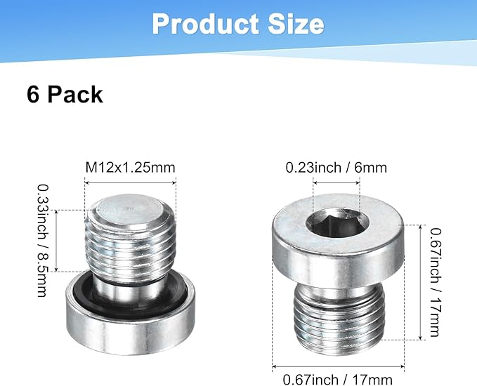 1-Pack M12x1.25mm Inner Hex Head Pipe Fitting Plug, Carbon Steel Sensor Socket Plug with Seal O-Ring for Terminate Pipe Ends/High Pressure Washer, Sealing Screw