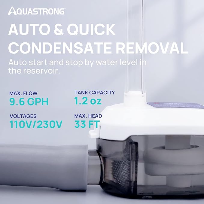 Aquastrong Mini Split HVAC Condensate Pump, 9.6 GPH, 115V/230V, Automatic Safety Switch, AC Condensate Removal for Air Conditioner, Furnace, Dehumidifier, 3.3' Power Cord