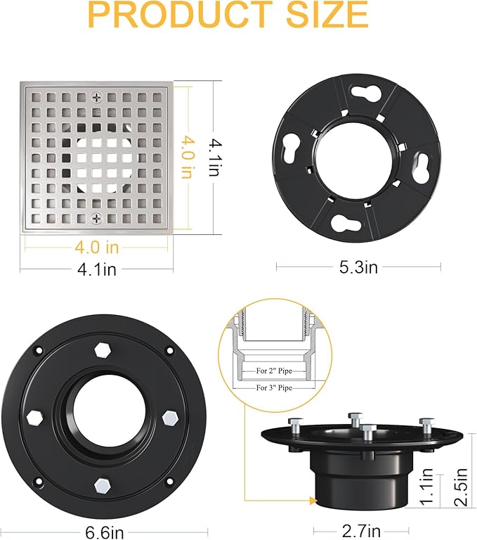 4 Inch Square Shower Drian with ABS Flange-SUS 304 Stainless Steel & CUPC Certified Shower Floor Drain-Removable Grid Cover-with Hair Strainer-Brushed Nickel