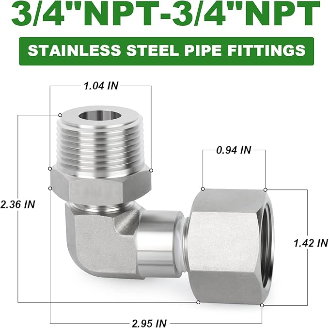 TAISHER 3-Piece 304 Stainless Steel 90 Degree Elbow Fitting Set - 3/4" & 1/2" MNPT/FNPT Reducer Adapters With Hex Bushing