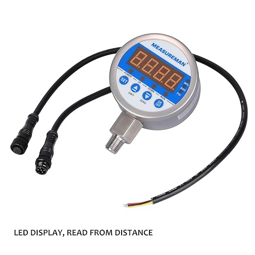 MEASUREMAN 3-1/8" Dial Size Stainless Steel Industrial Digital Pressure Control, Pressure Switch, 1/4" NPT Lower Mount, 0-230psi, 110VAC, 0.5% Accuracy, LED Display