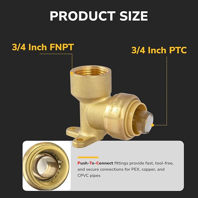 3/4" PTC to 3/4" NPT Female Drop Ear Elbow, Push to Connect Plumbing Fitting for Copper, CPVC, PEX Pipe, Brass Pex Fitting with Upgraded Stiffener, Disconnect Clip Included, NSF & UPC Certified