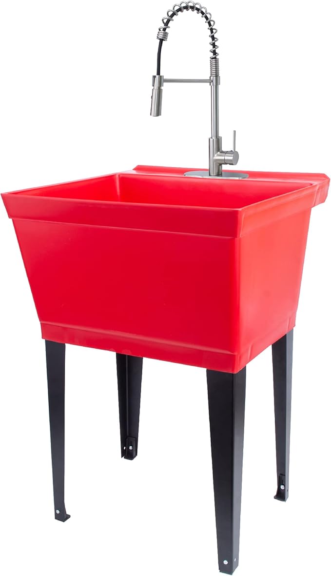 Utility Sink Extra-Deep Red Laundry Tub with High-Arc Stainless Steel Coil Pull-Down Sprayer Faucet, Integrated Supply Lines, P-Trap Kit