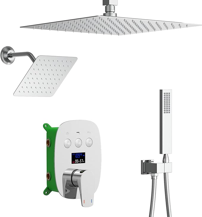Shower System Chrome Shower Set, Push Button Shower Faucet with 2 Rain Shower Head(12+8 inch), Handheld Shower, with Digital Temperature Display Function