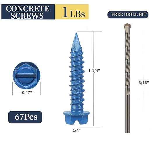 67Pcs 1/4 x 1-1/4 in Concrete Screws with Drill bits,Masonry Screws for Concrete Assortment Kit,Hex Head Block Cement Stacoo Screws and Anchors,Diamond Point,Blue Coated(1LB)
