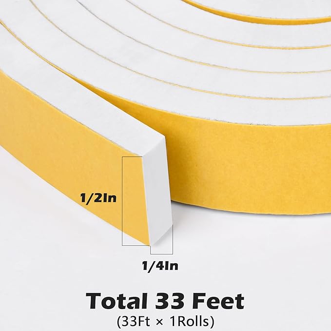 ToLanbbt White Door Window Weather Stripping Self Adhesive Foam Tape High Density Foam Sealing Strip Window Insulation Weatherproof Gasket Tape for Doors and Windows (1/2" W X 1/4" T X 33')