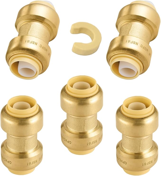 5-Pack Niikappu Push Fit Fittings, 1/2" x 1/2" Brass Plumbing Fittings to Connect PEX, Copper, CPVC, Brass Straight Coupling With Disconnect Clip