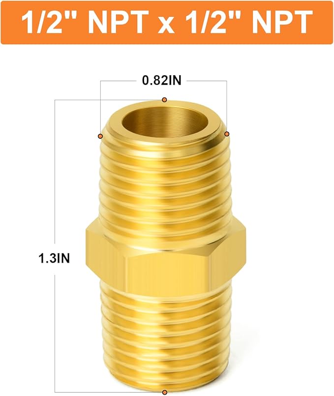 GASHER 5PC Brass Pipe Fitting, Reducing Hex Nipple, 1/2-Inch Male Pipe x 1/2-Inch Male Pipe