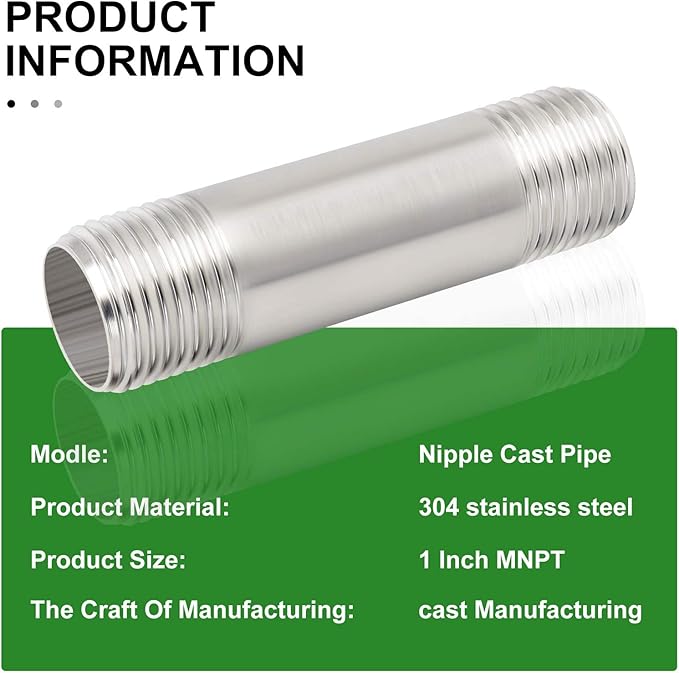 TAISHER 2PCS Stainless Steel Pipe Fittings, 1" NPT x 1" NPT Male Threaded, 2" Length Nipple Cast Pipe